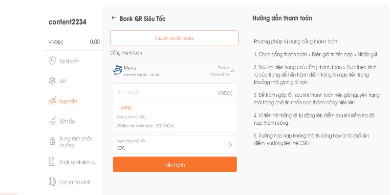 Hướng dẫn nạp tiền qua tài khoản ngân hàng